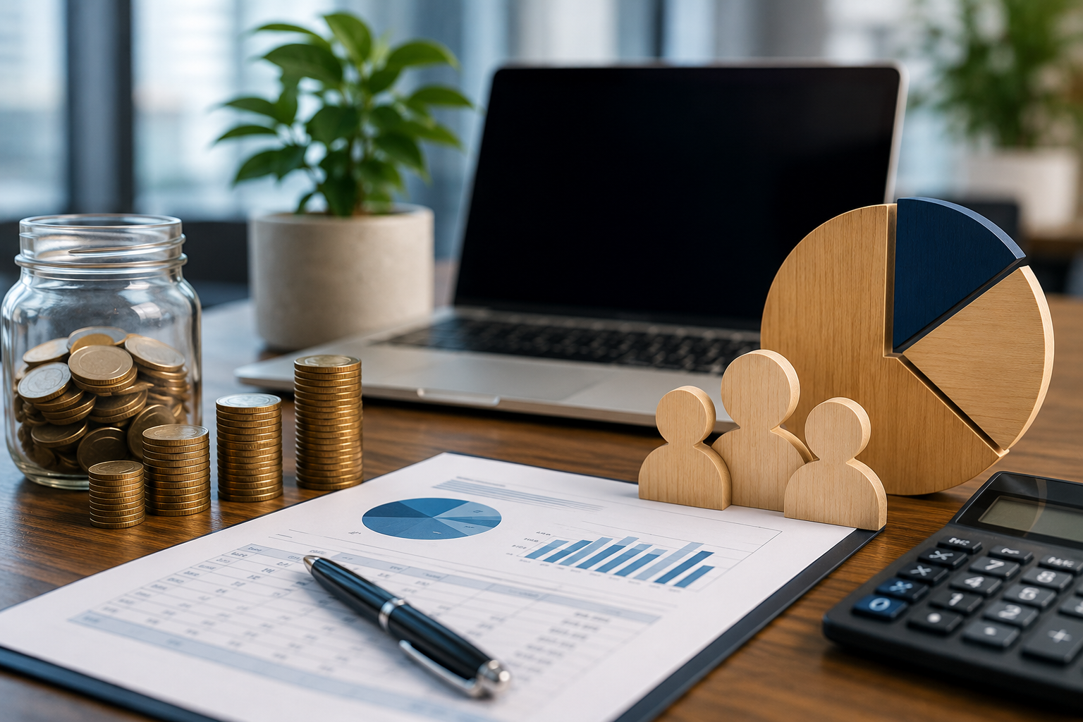 Dividend Planning and Financial Management for UK Businesses Financial reports, coins, calculator and laptop on an office desk.