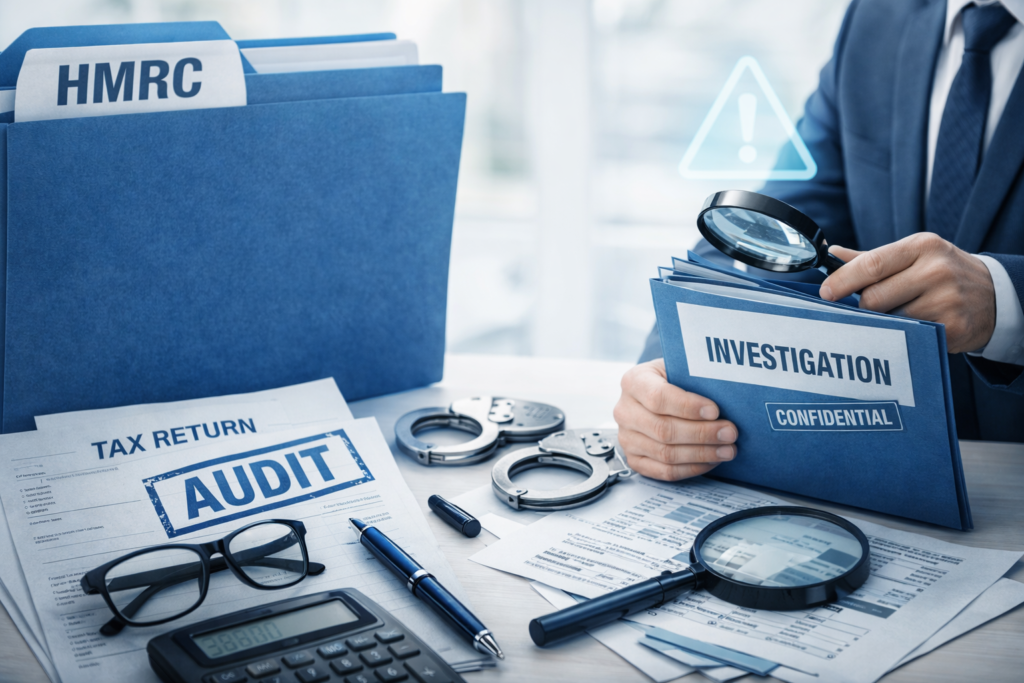 Accountant reviewing tax paperwork and financial data as part of an HMRC investigation process